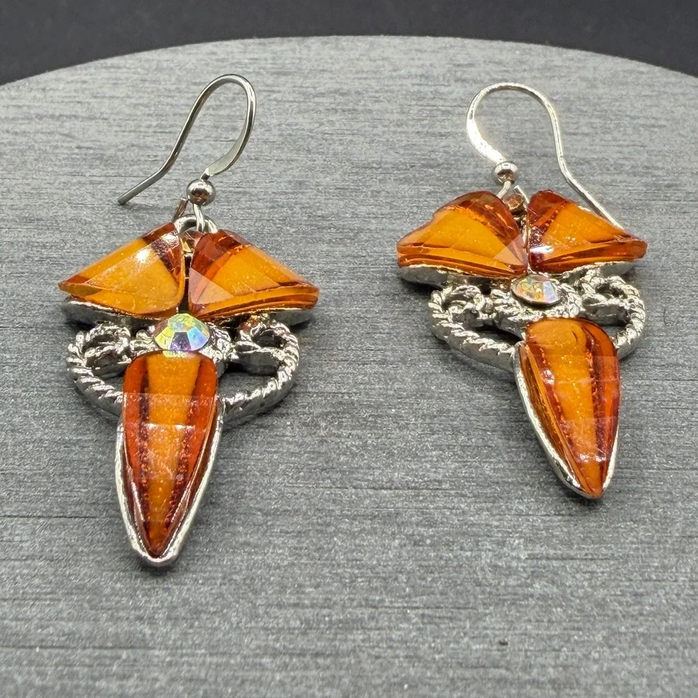 Orange Crystal Rhinestone Silver Tone Dangle Earrings Statement Boho Festival